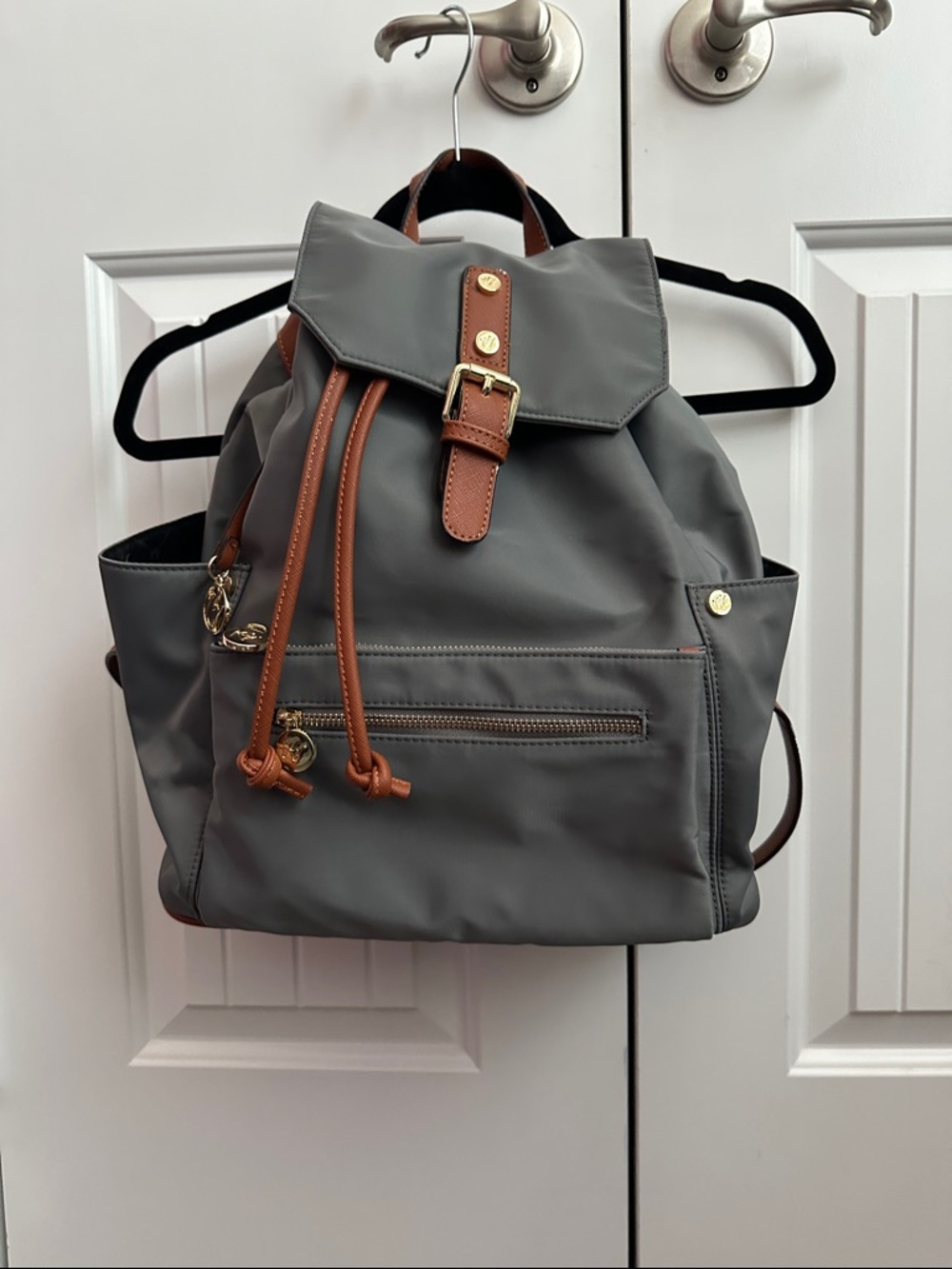 Gray Nylon Backpack with Brown Trim — Casual Everyday Backpack